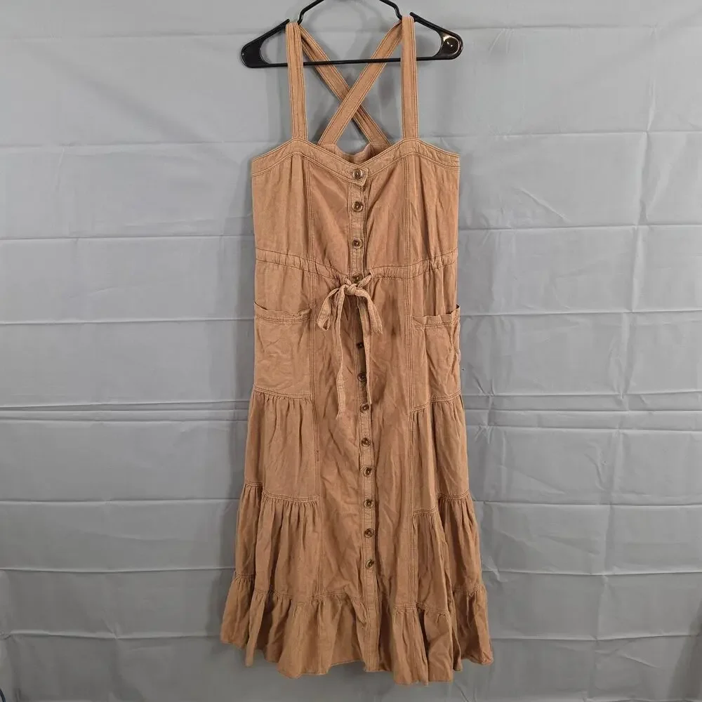 Free People Dress Medium Catch the Breeze Tan Linen Midi Brown Boho Casual